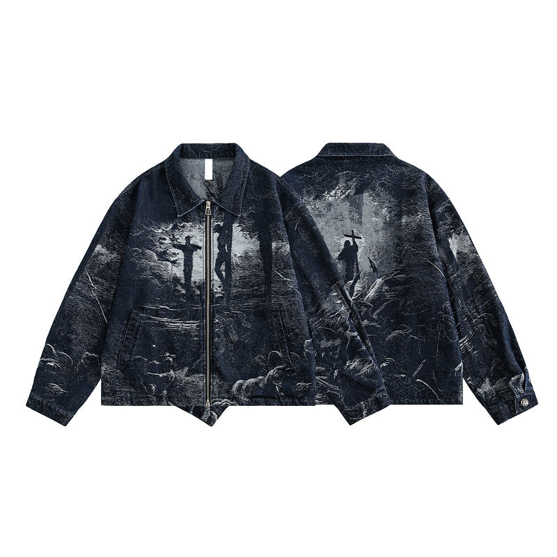 Retro Distressed Denim Jacket with Back Print – Dark Wash Hip-Hop Style