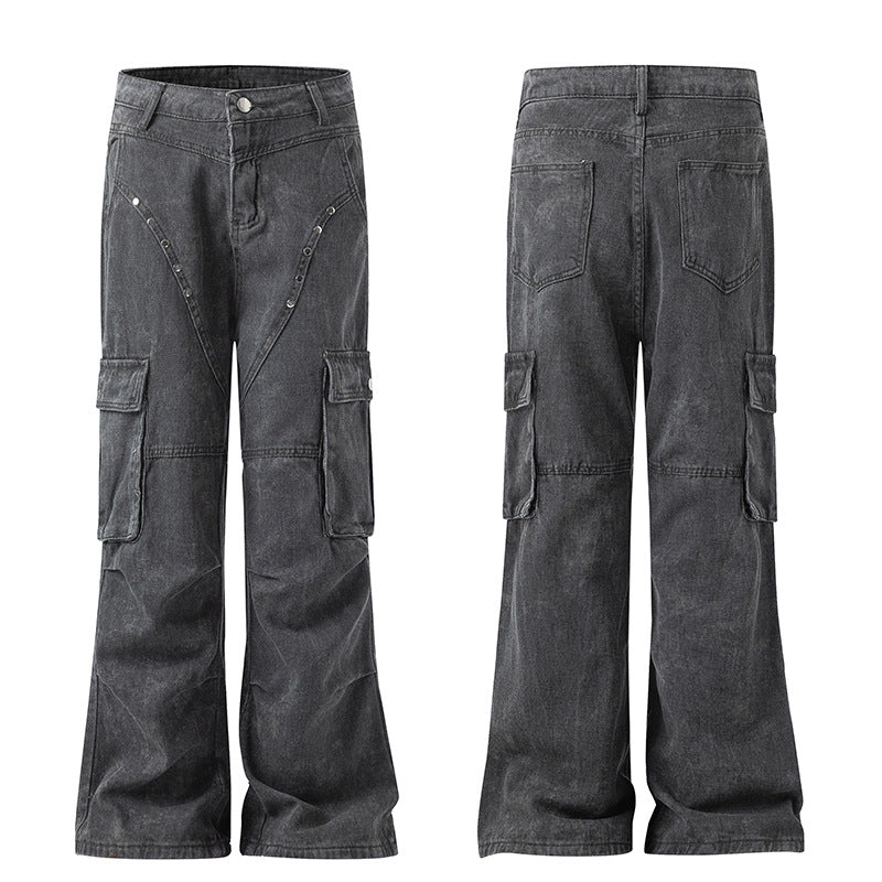 Utility Flared Denim Cargo Pants with Rivet Details