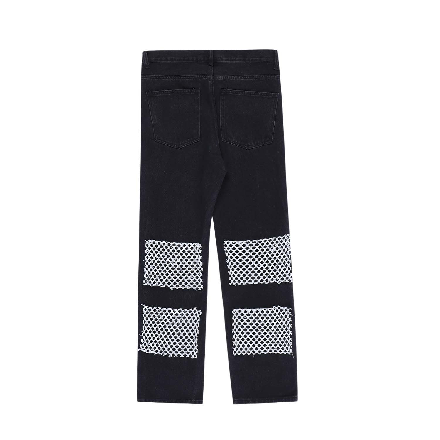 Patchwork Mesh Letter Embroidered Loose Wide-Leg Jeans