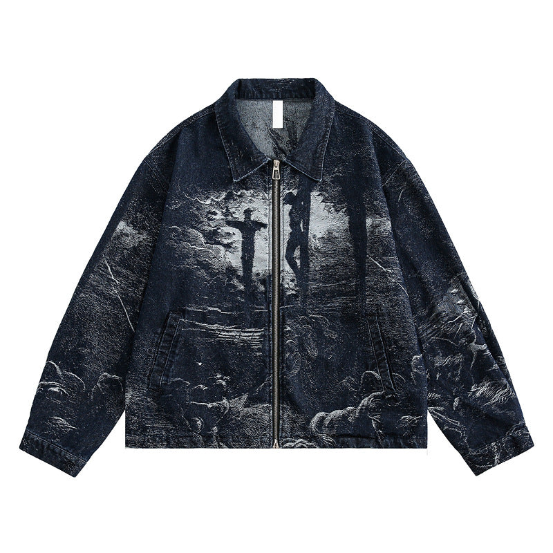 Retro Distressed Denim Jacket with Back Print – Dark Wash Hip-Hop Style