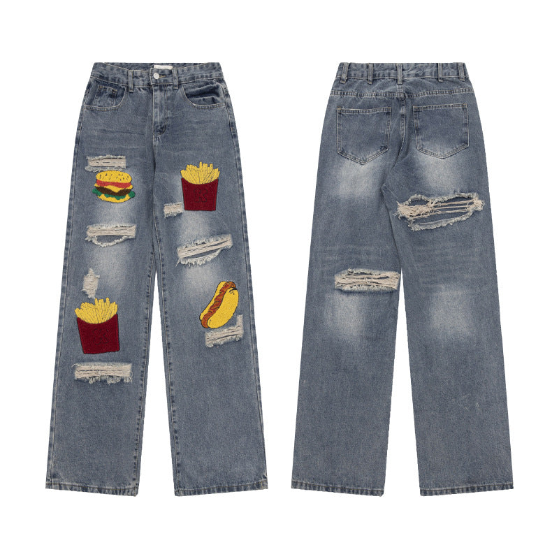 Vintage Washed Loose Jeans with French Fries Patch