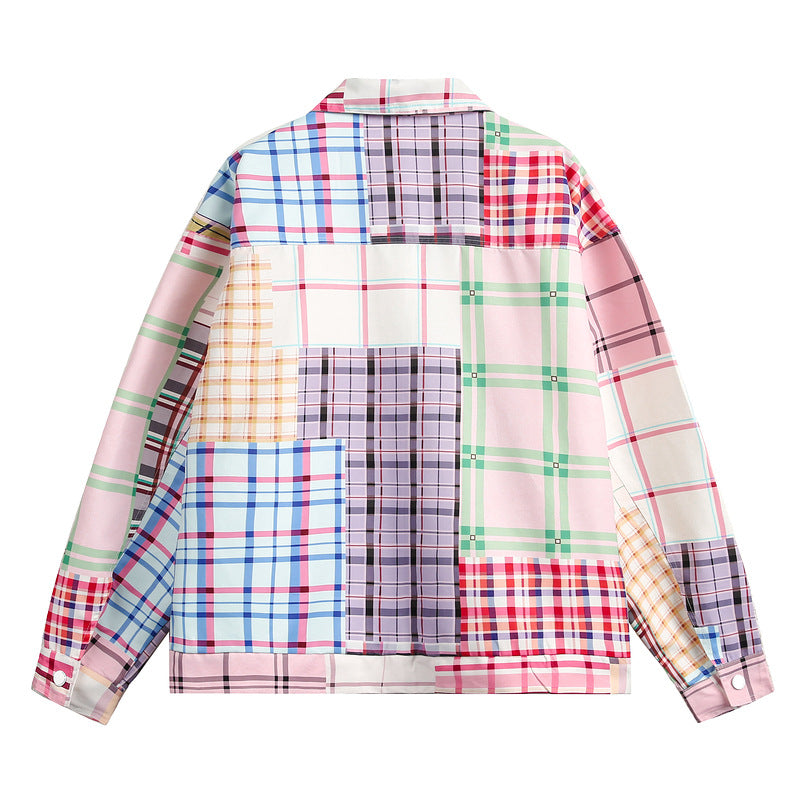 Retro Colorblock Plaid Zip Jacket with Wrinkle-Free Finish