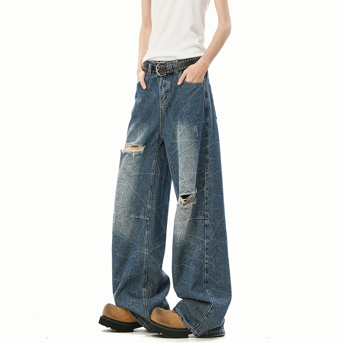 Cracked Wash Blade-Cut Cleanfit Jeans