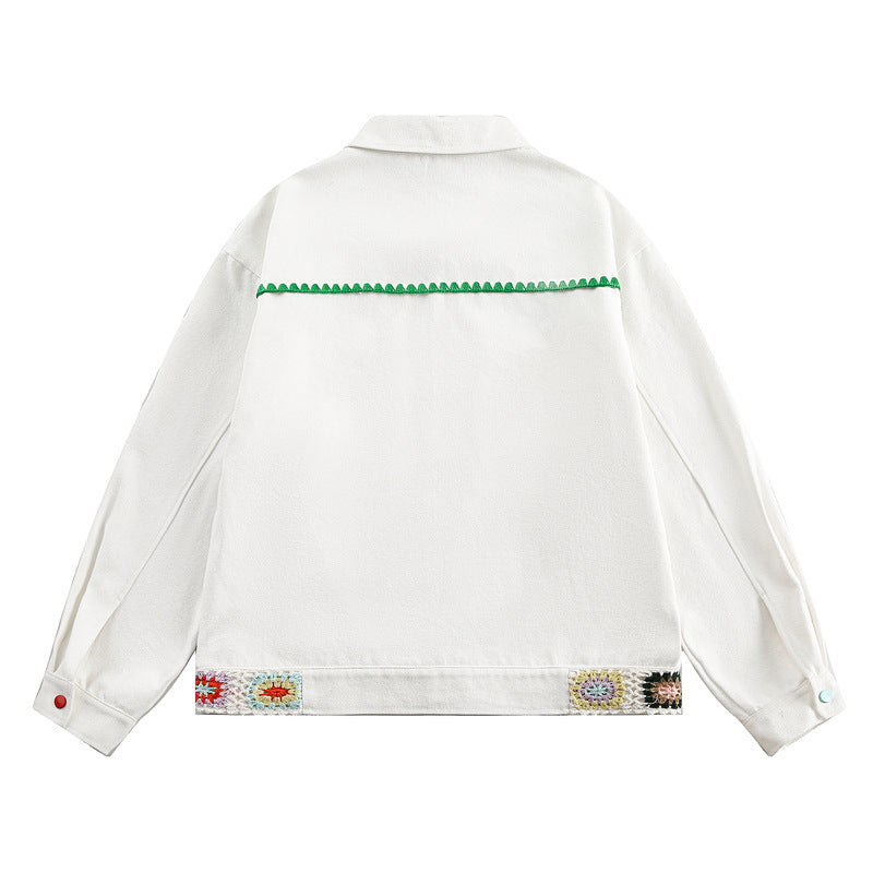 Retro College Patchwork Embroidery Jacket with Handmade Crochet Floral Decor