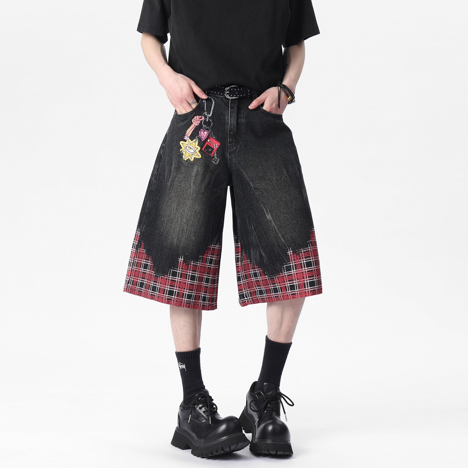 Distressed Plaid Patchwork Vintage Denim Shorts