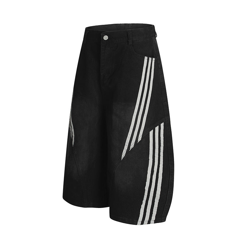 Washed Striped Wide-Leg Curved-Cut Banana Shorts