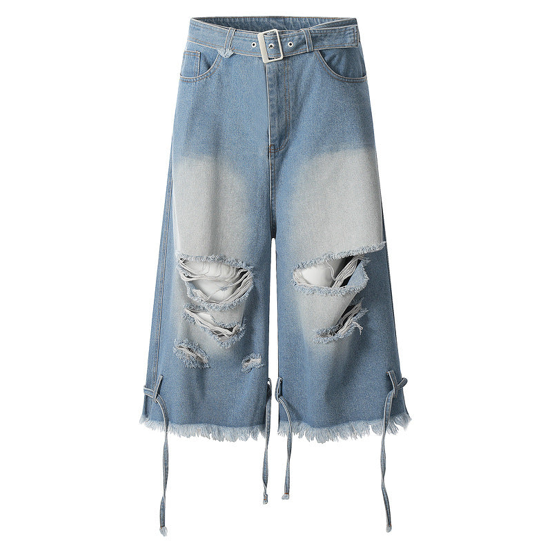 Distressed Washed Blue Denim Shorts with Drawstring Detail