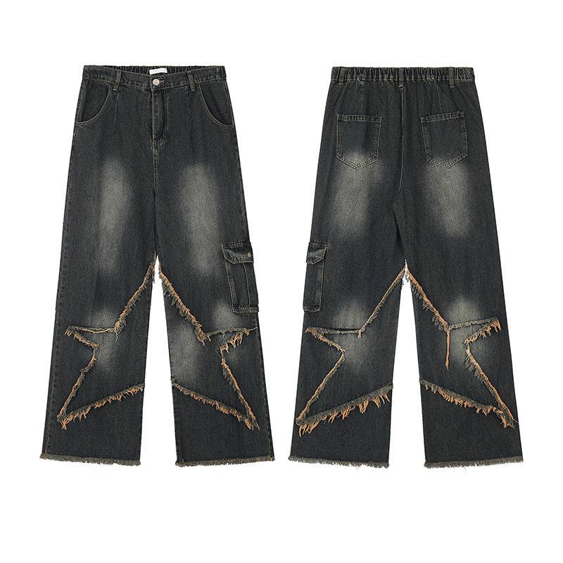Vintage Washed Loose Straight Jeans with Star Patch Embroidery