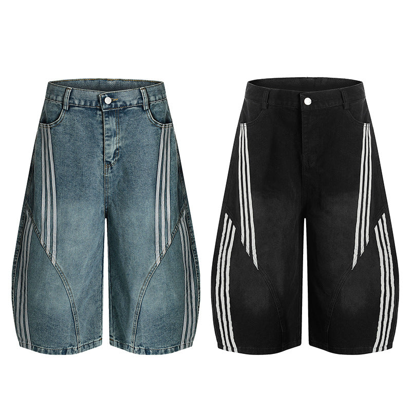 Washed Striped Wide-Leg Curved-Cut Banana Shorts