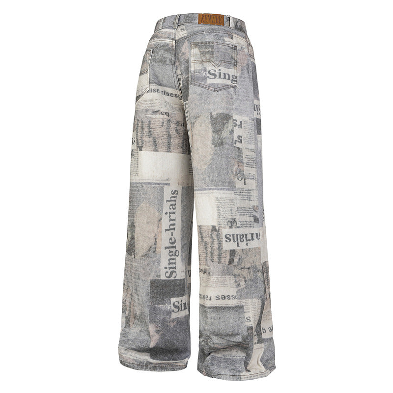 Graffiti Washed Newspaper Print Wide-Leg Jeans