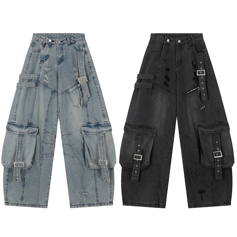 Hip-Hop Washed Patchwork Denim Work Pants