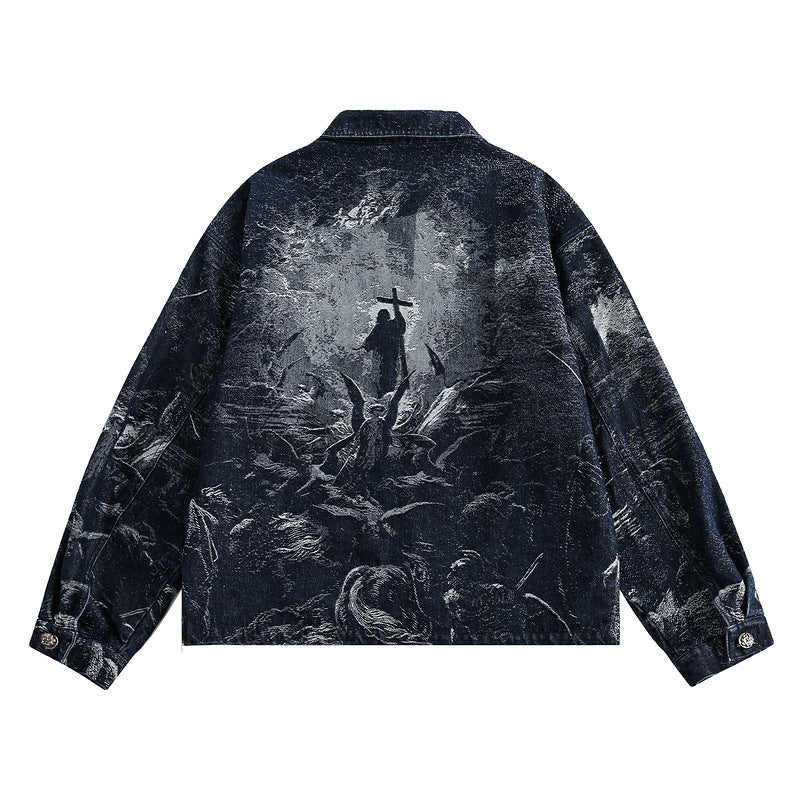 Retro Distressed Denim Jacket with Back Print – Dark Wash Hip-Hop Style