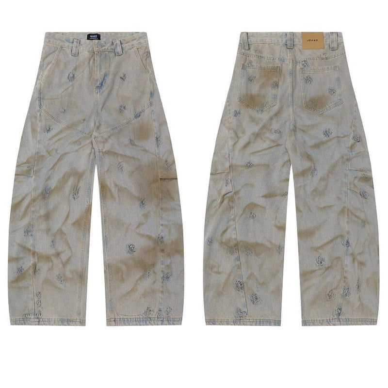 Graffiti Washed Loose Fit Blade-Cut Jeans