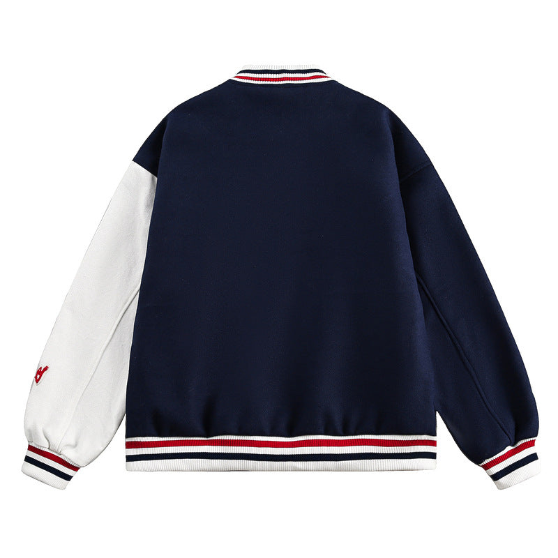 Retro College-Style Baseball Jacket with Suede Colorblock Splicing