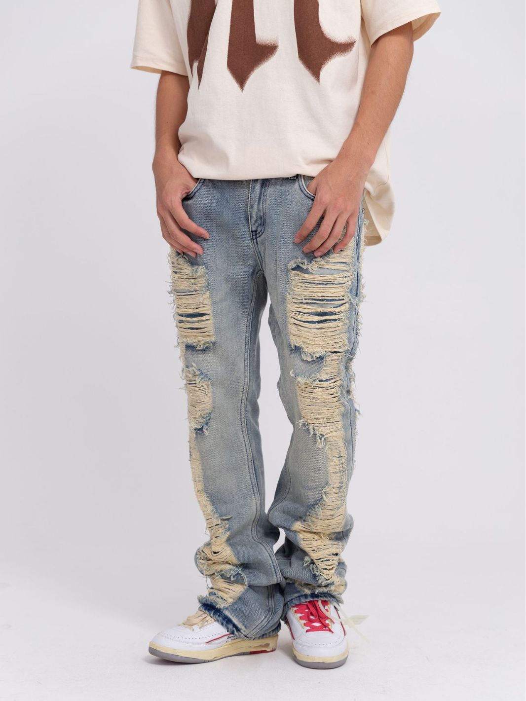 Hand-Distressed Whiskered Flared Ripped Jeans