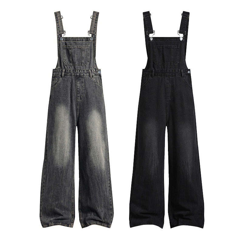 Lumberjack-Style Loose Denim Overalls with Wide Straight-Leg
