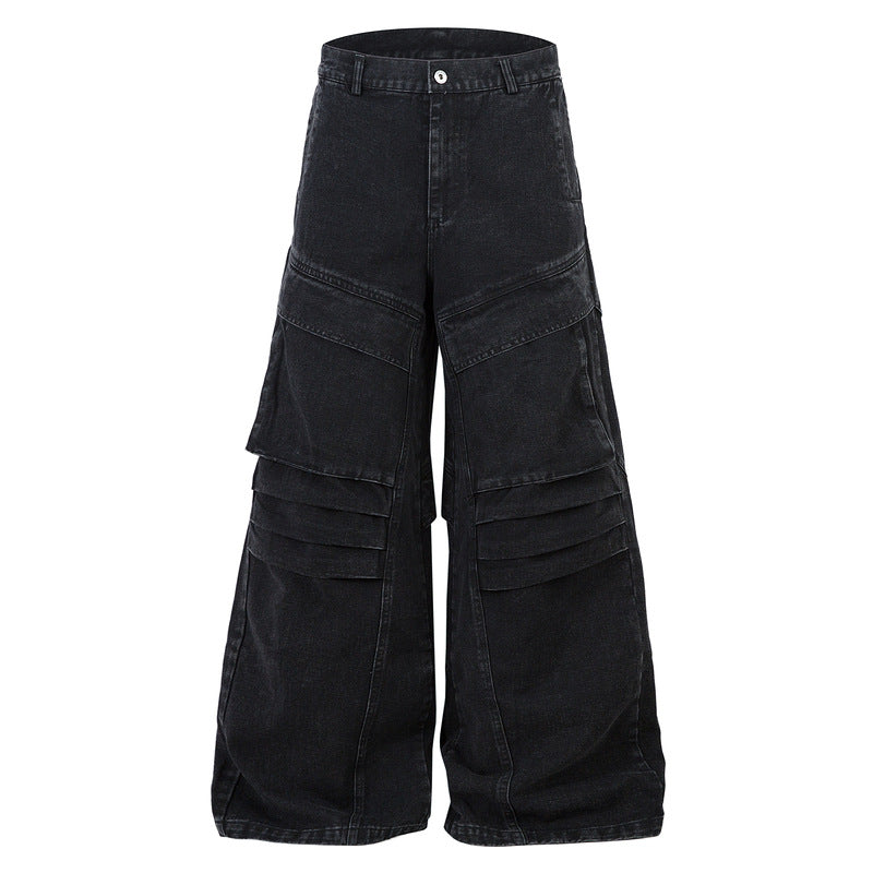 Vintage Washed Black Cargo Jeans with Wrinkle Detail