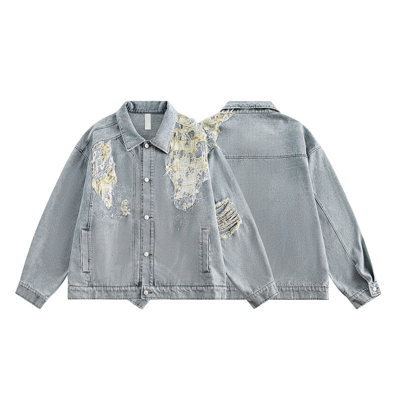 Ripped Patchwork Washed Denim Loose Jacket