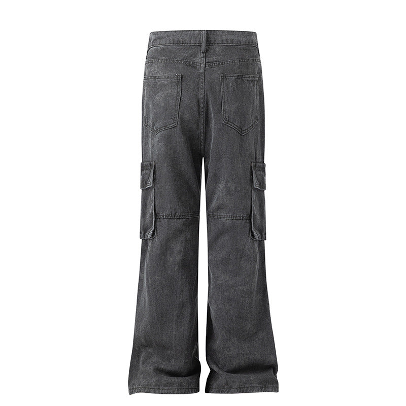 Utility Flared Denim Cargo Pants with Rivet Details