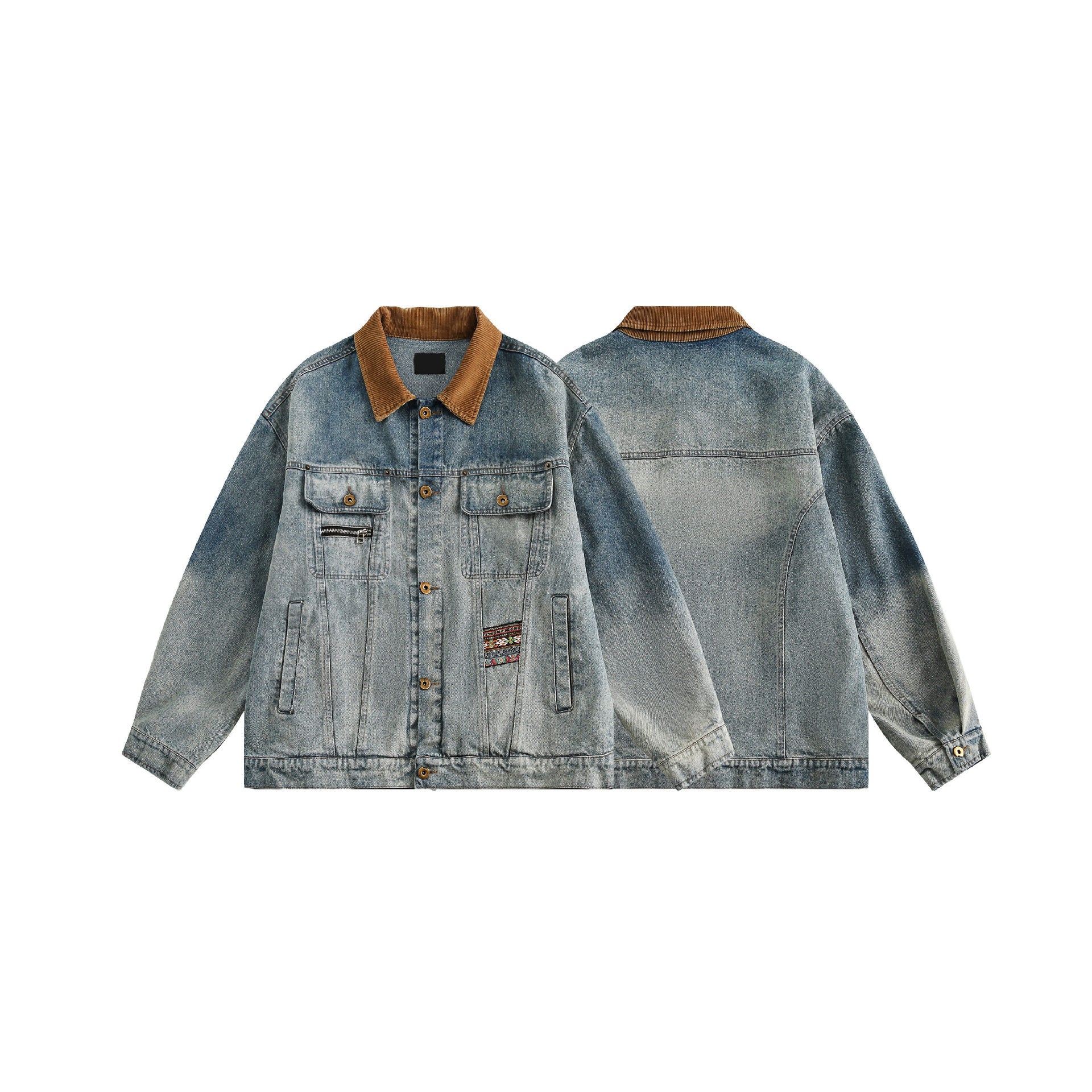 Retro Patchwork Washed Denim Jacket with Turn-down Collar