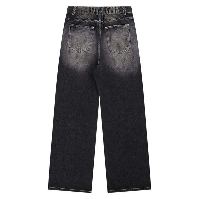 Vintage Washed Straight-Leg Jeans with Draped Wide-Leg Fit