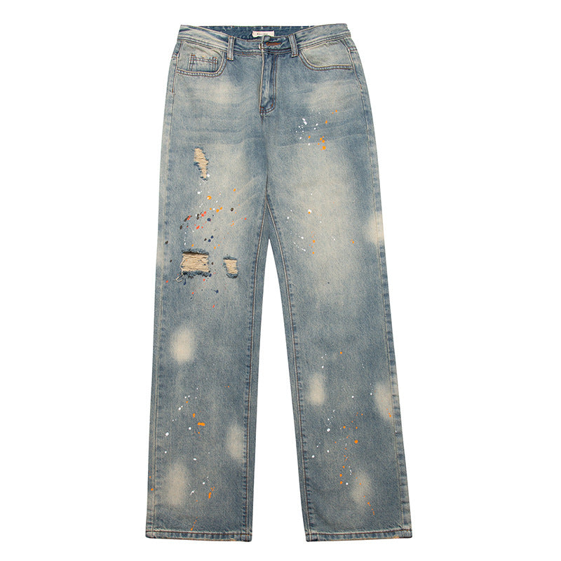 Washed Paint-Splattered Ripped Loose Street Hip-Hop Jeans