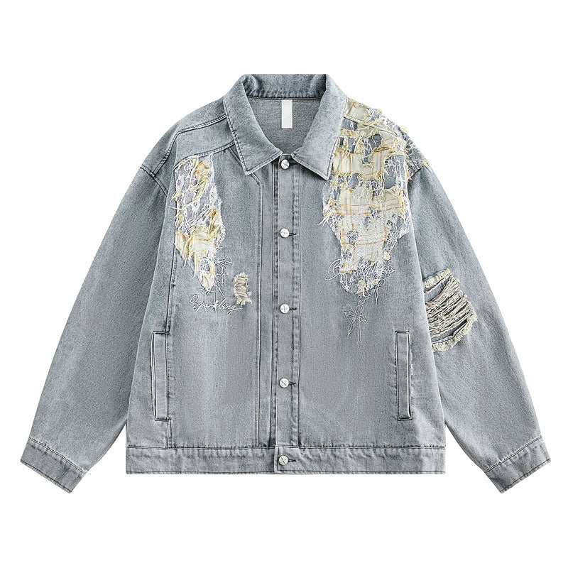 Ripped Patchwork Washed Denim Loose Jacket