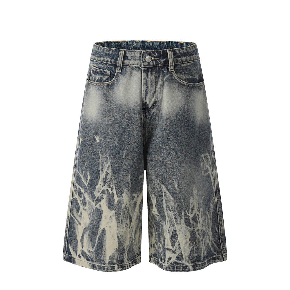 Tie-Dye Distressed Wide-Leg Denim Shorts