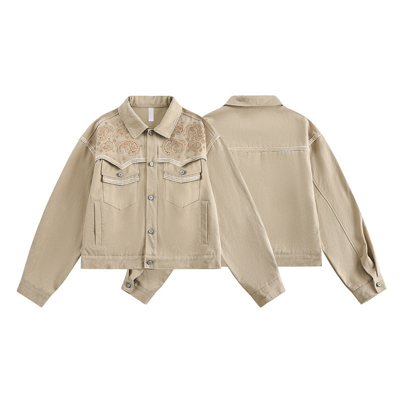 Short Embroidered Denim Jacket – Vintage Mocha Look