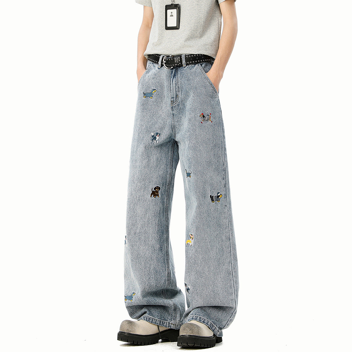 Embroidered Dog Line Art Flared Blade Jeans