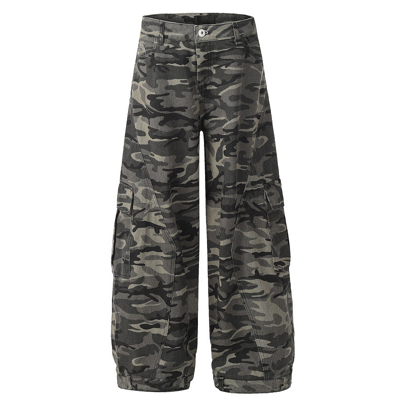Camouflage Wide-Leg Denim Cargo Pants with Curved Cut