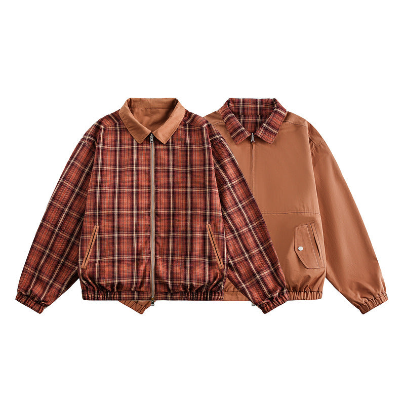Vintage Reversible Bomber Jacket – Plaid Splicing Design