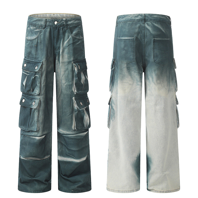 Vintage Tie-Dye Multi-Pocket Workwear Jeans