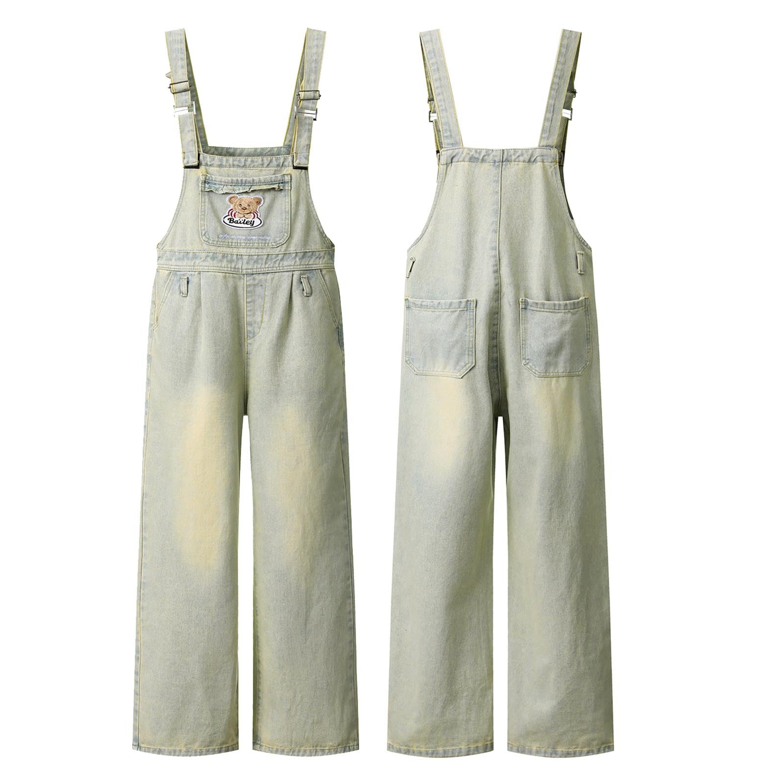Washed Denim Overalls with Bear Embroidery