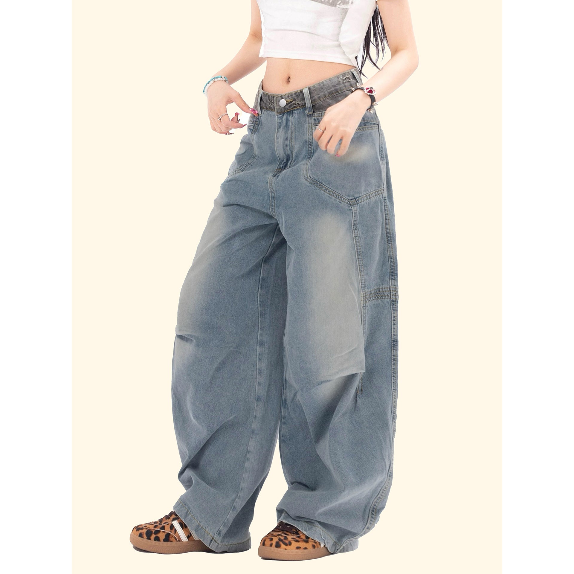 Washed Wrinkled Micro-Flare Carrot-Leg Vintage Jeans