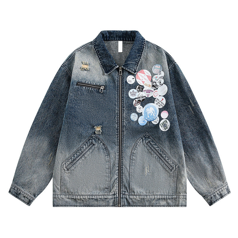 Vintage Gradient-Washed Distressed Denim Jacket with Badge Print