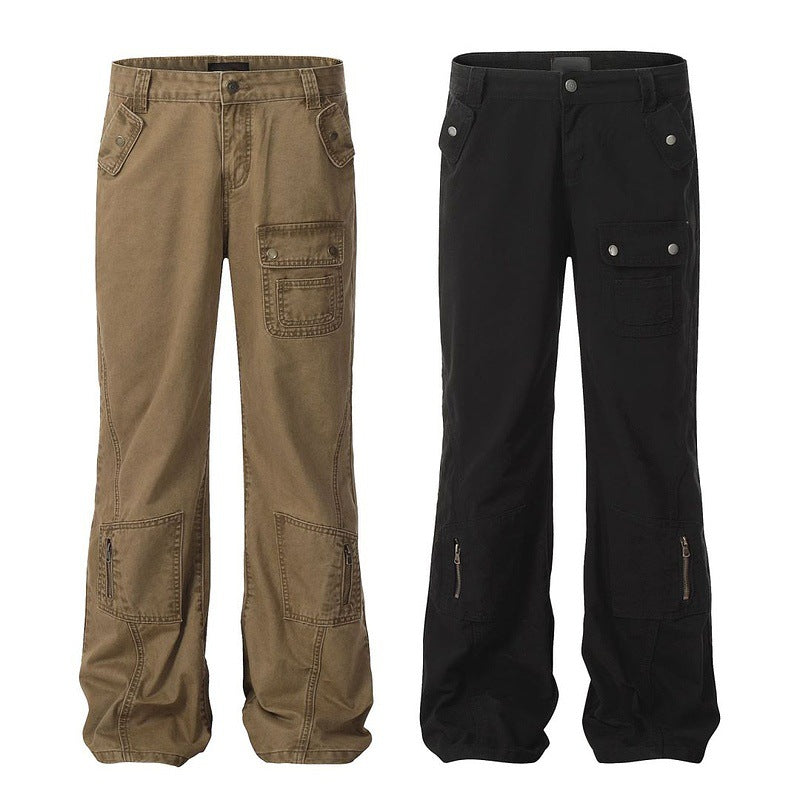 Vintage Flared Washed Utility Pants with Multi-Pocket Patchwork