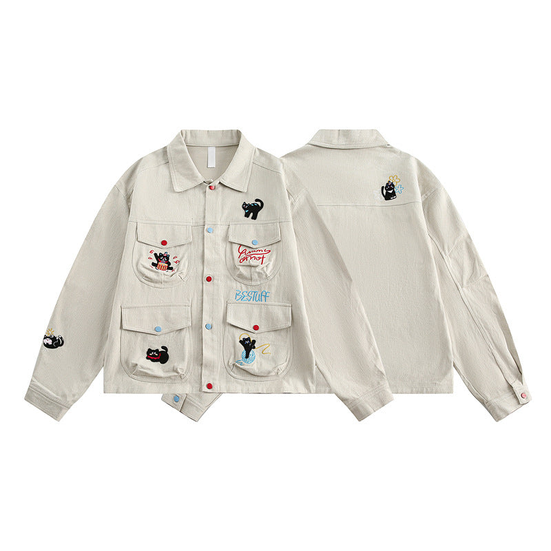 Vintage Cat Embroidered Denim Jacket