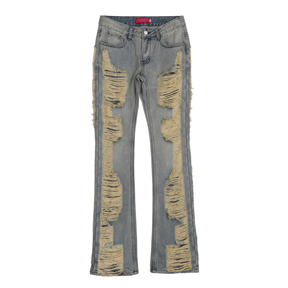 Hand-Distressed Whiskered Flared Ripped Jeans