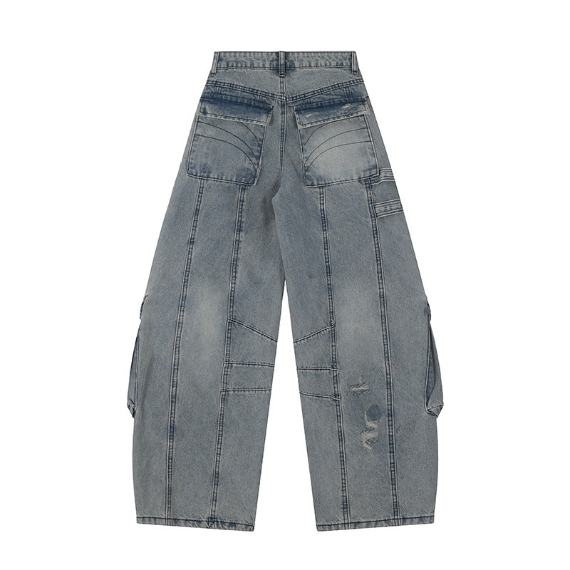 Hip-Hop Washed Patchwork Denim Work Pants