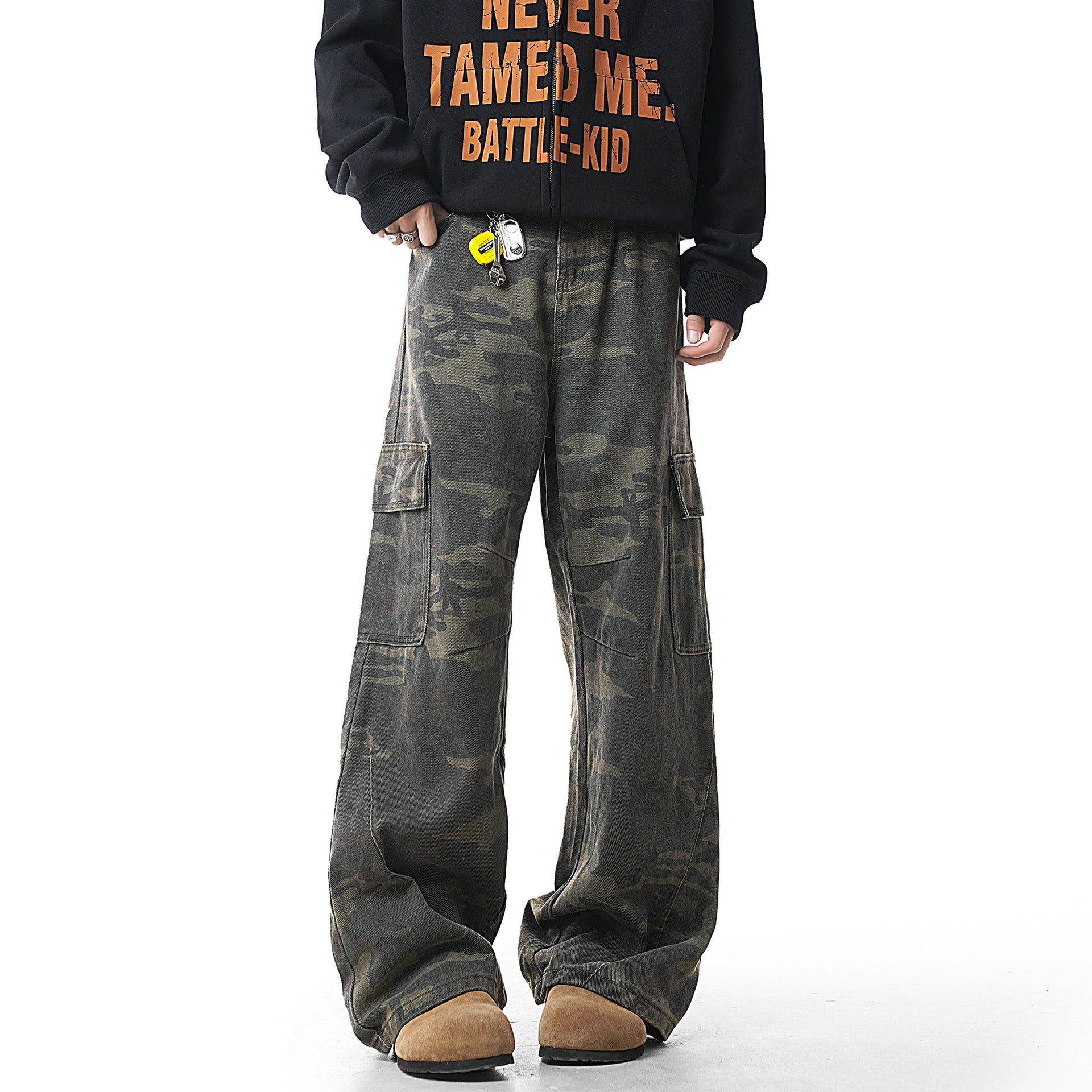 Vintage Green Camo Loose Straight-Leg Jeans with Multi Pockets