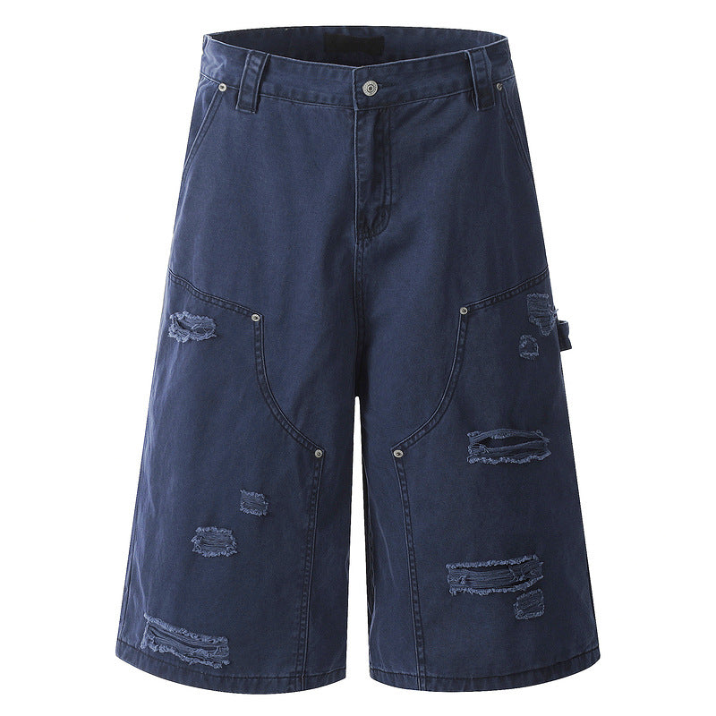 Distressed Washed Loose Fit Utility Shorts