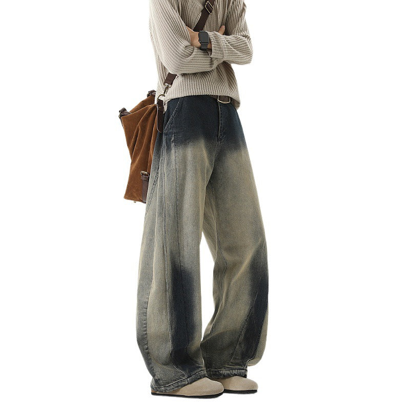 Washed Vintage Wide-Leg Jeans with Knife Cut Design