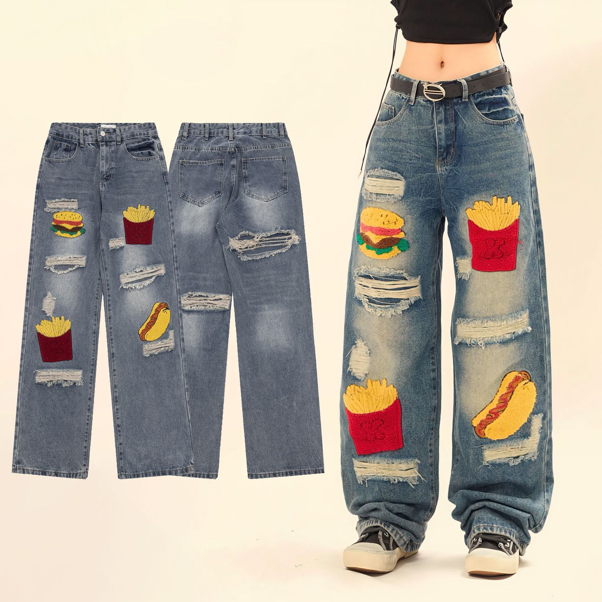 Vintage Washed Loose Jeans with French Fries Patch