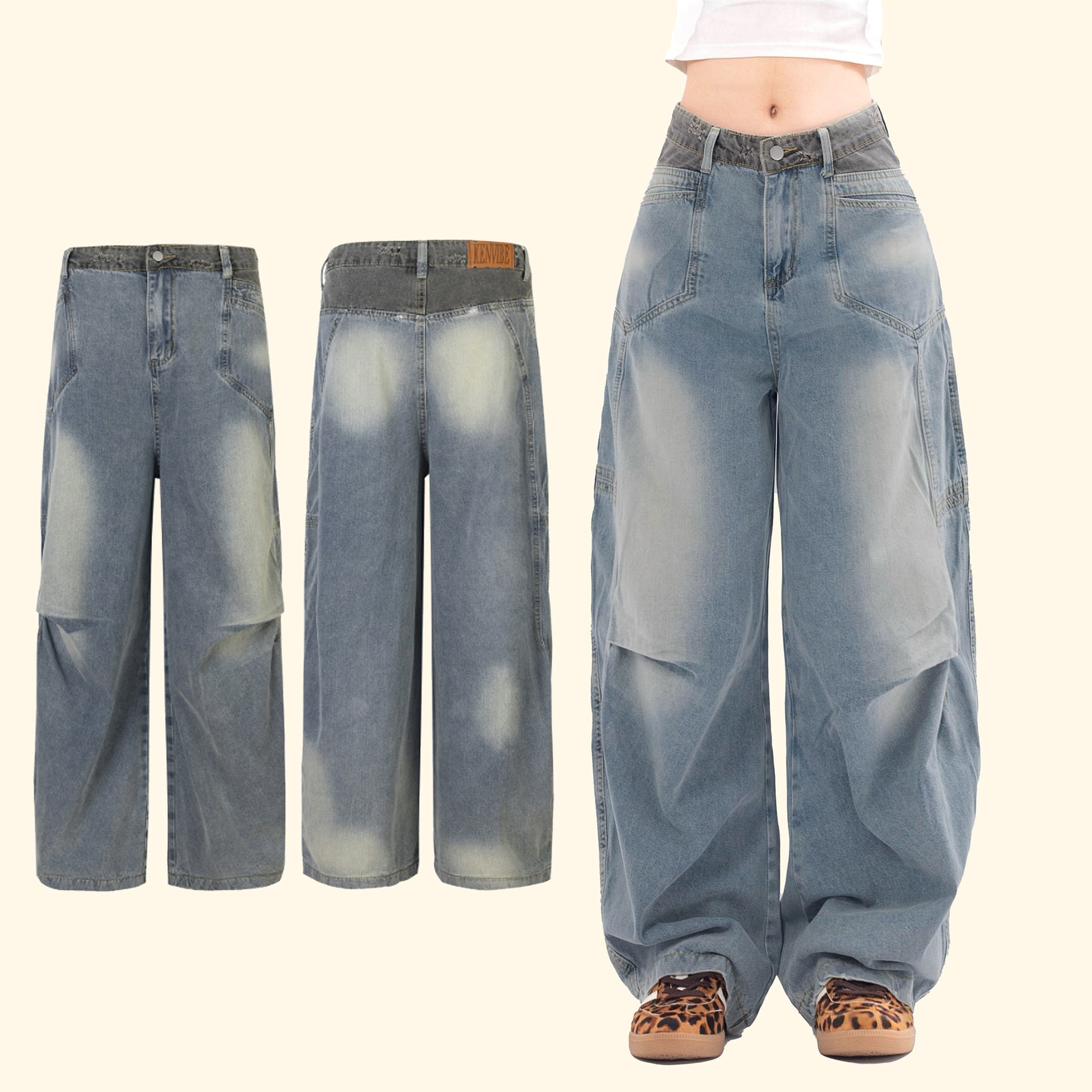 Washed Wrinkled Micro-Flare Carrot-Leg Vintage Jeans
