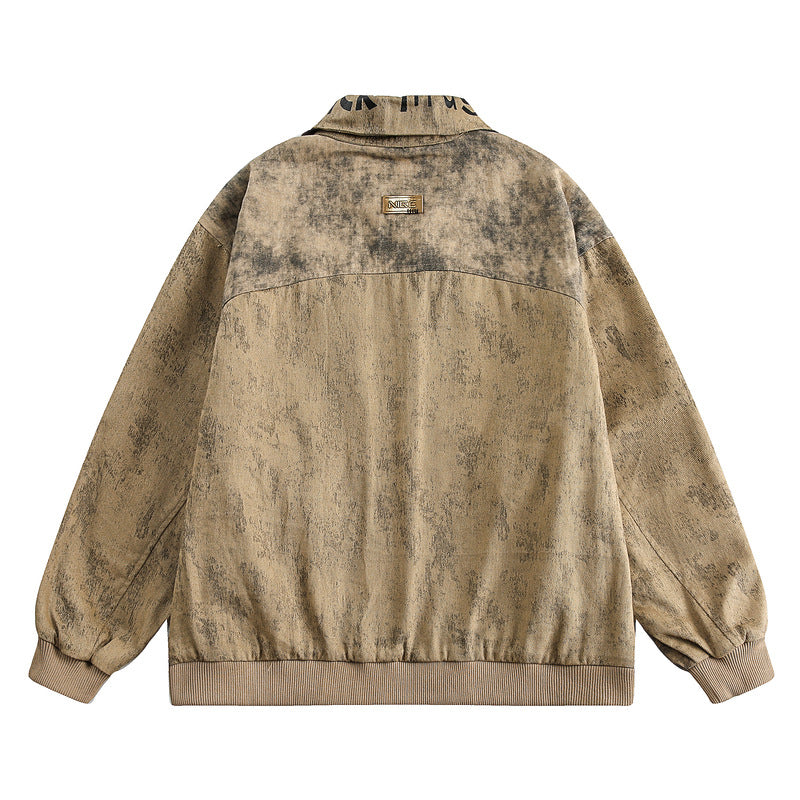 Vintage Spray-Paint Work Jacket with Embroidered Lapel