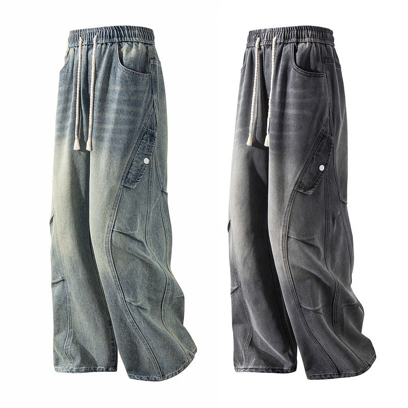 Washed Patchwork Wide-Leg Streetwear Jeans