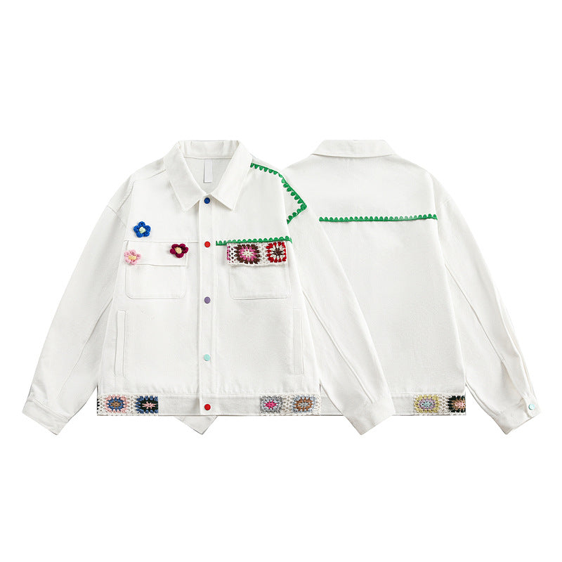 Retro College Patchwork Embroidery Jacket with Handmade Crochet Floral Decor
