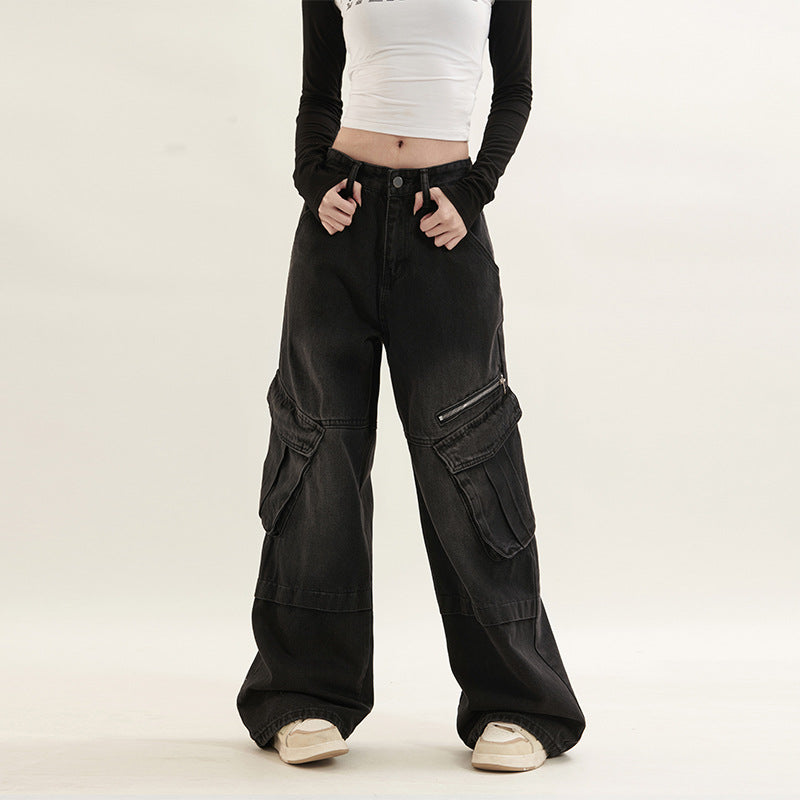 Vintage Washed Multi-pocket Utility Jeans