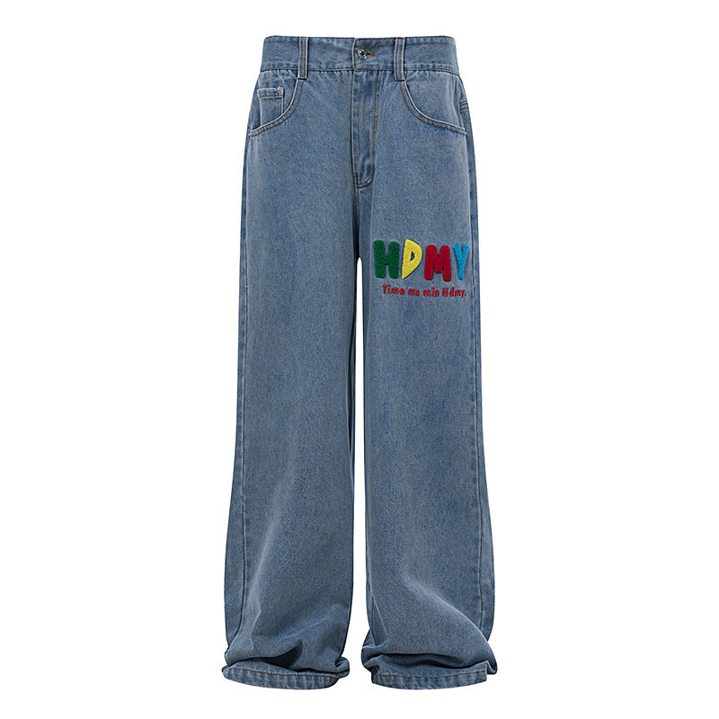 Vintage Washed Denim Pants with Embroidered Letter & Butterfly Patches